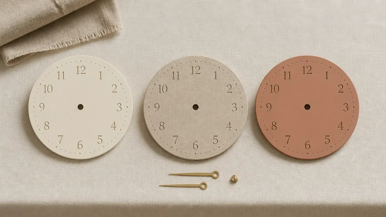 three soft toned clock dials arranged on a linen covered table