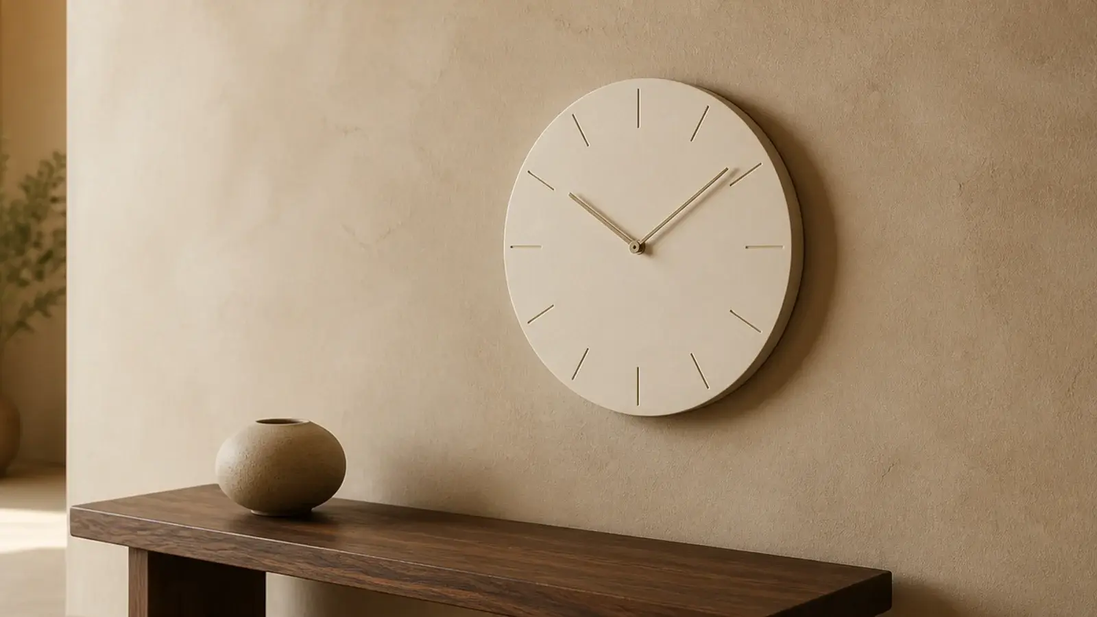 numberless bone clock dial with two fine hands on plaster