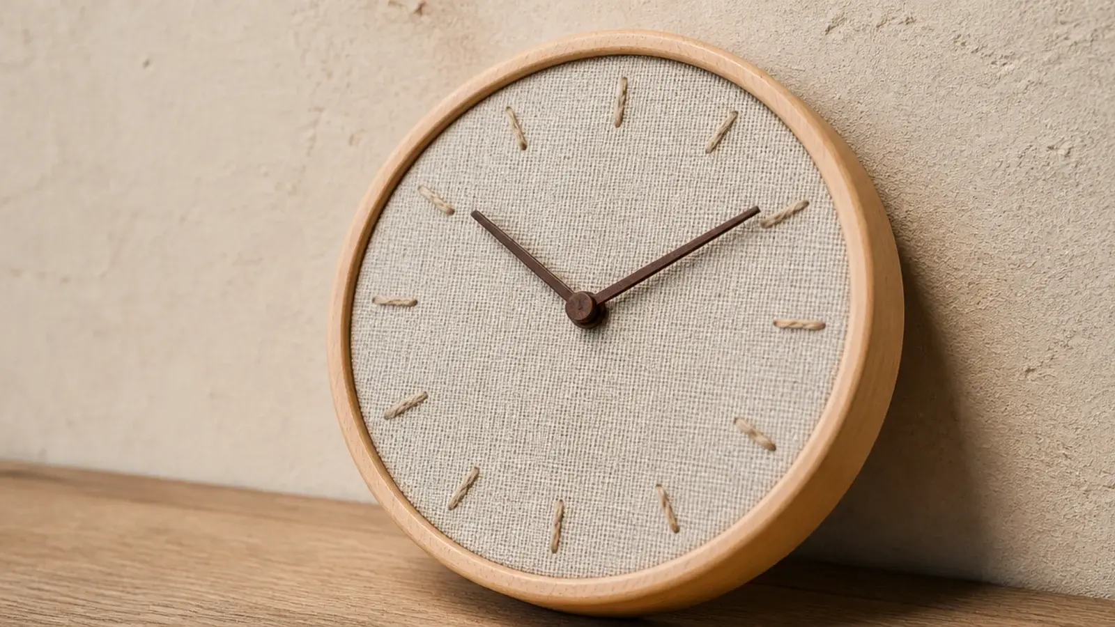 linen faced clock with a visible weave and stitched markers