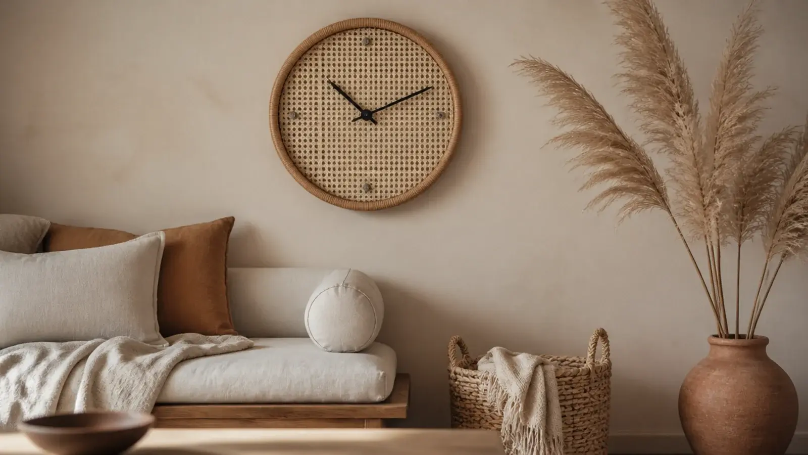 cane wrapped clock rim beside linen textiles and a woven basket