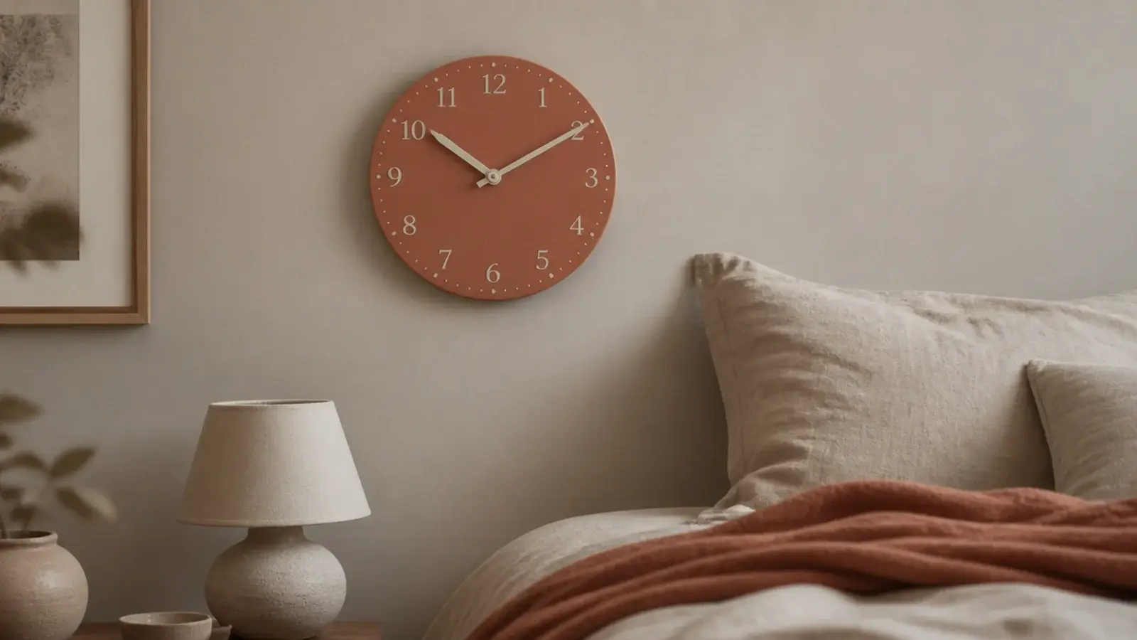 soft terracotta dial clock warming a pale neutral bedroom wall