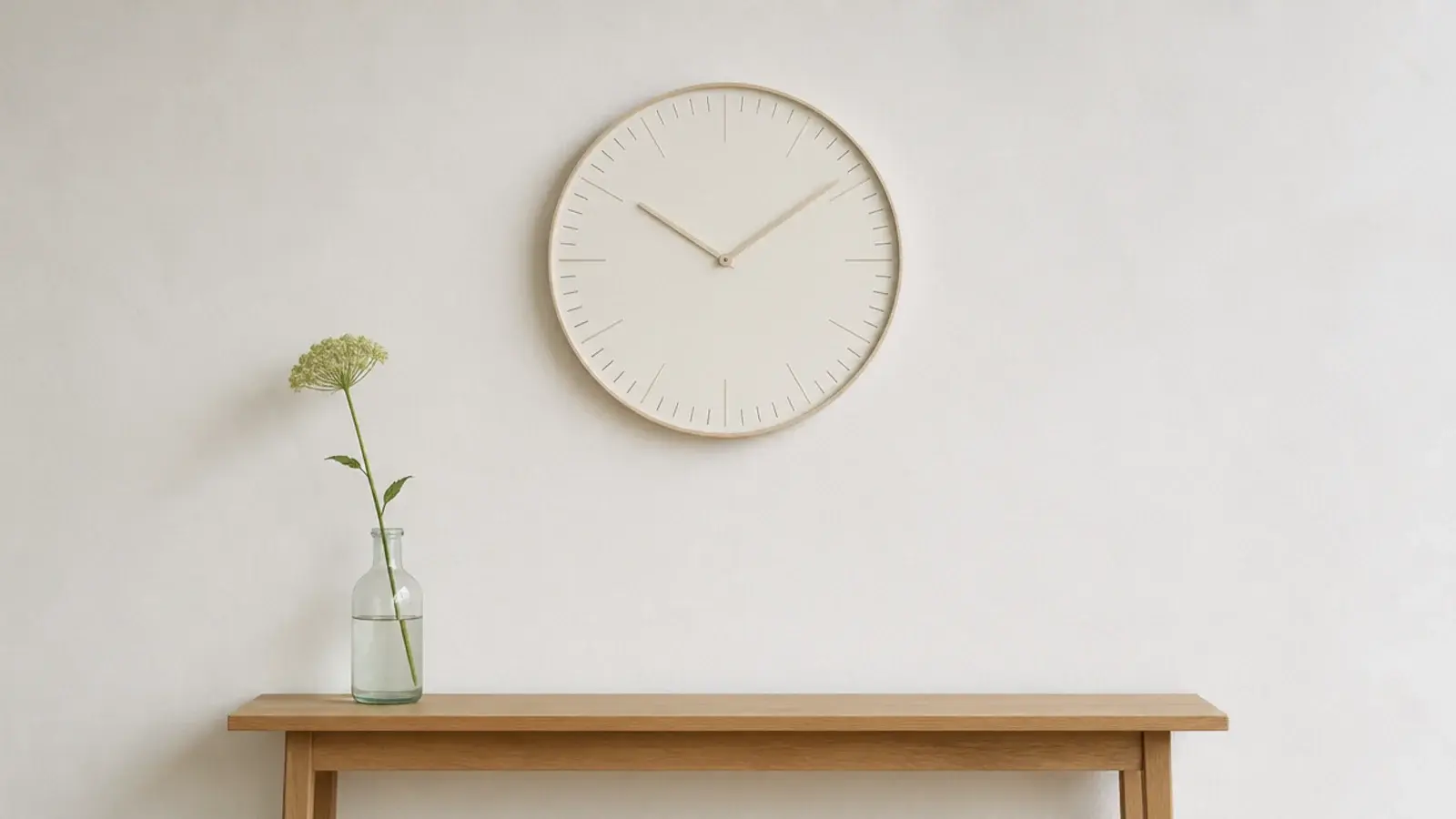 pale birch clock with an extremely slim rim on white plaster