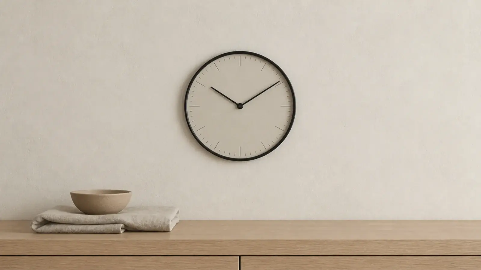fine black ring clock drawn against a soft cream plaster wall