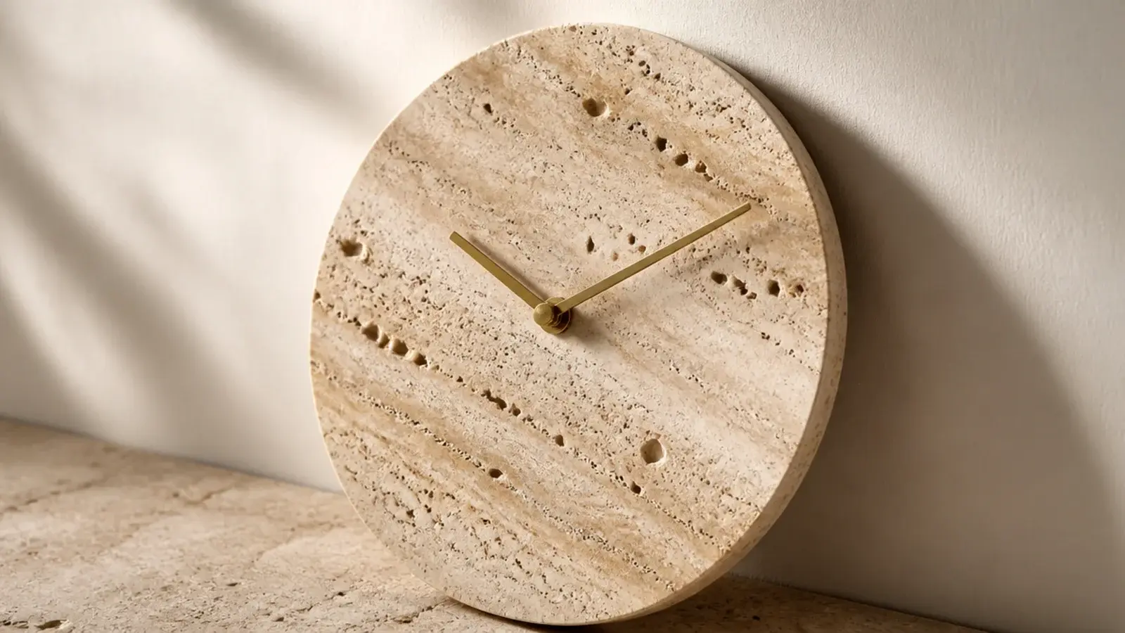 travertine clock face showing natural pitting and warm veining