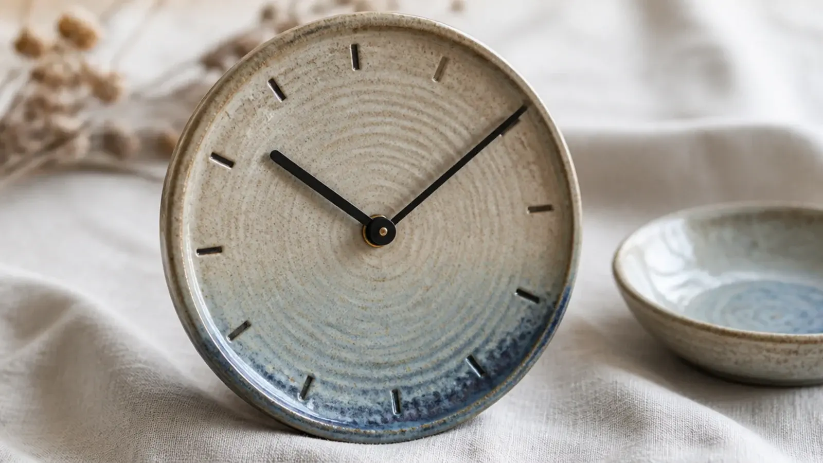 stoneware clock face where glaze pools thickly at the lower rim