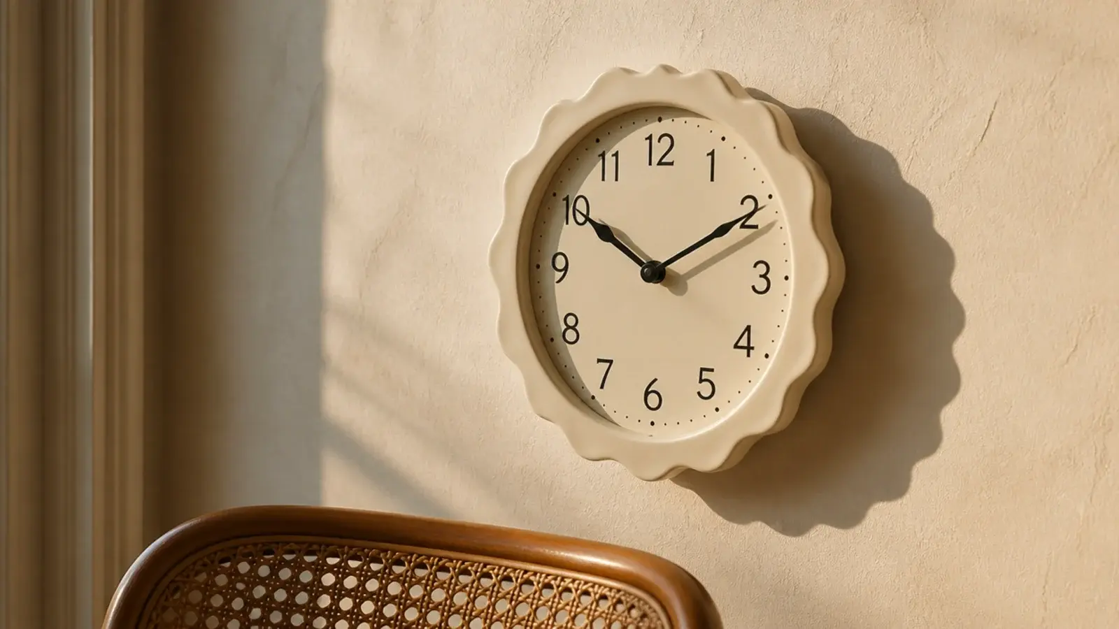 scalloped edged clock casting a rippled shadow on plaster