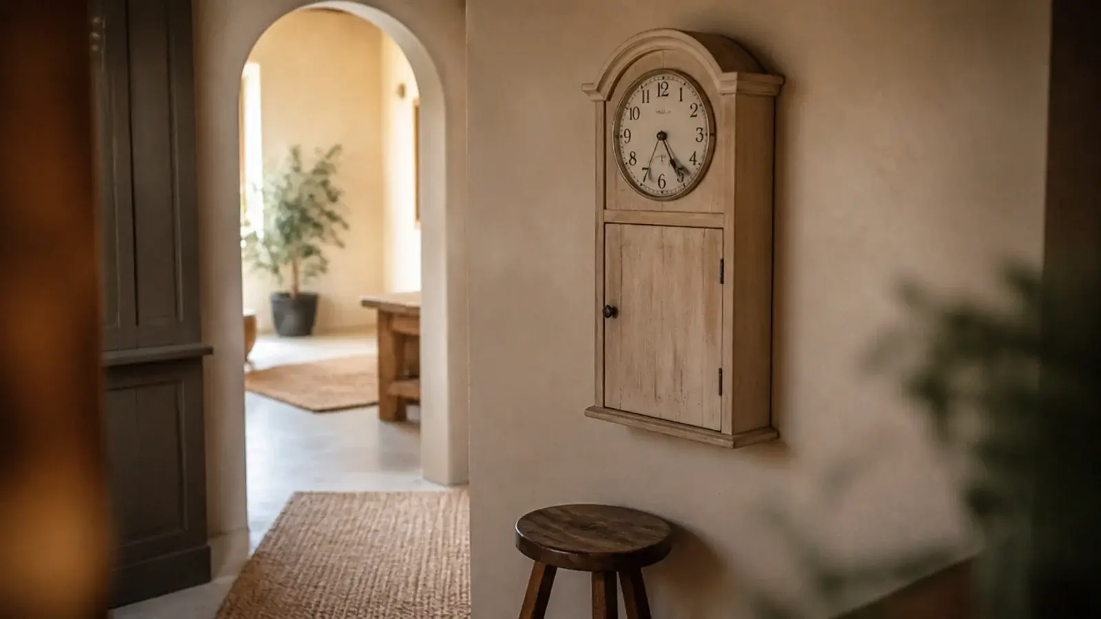 arch topped timber clock case echoing a nearby doorway curve