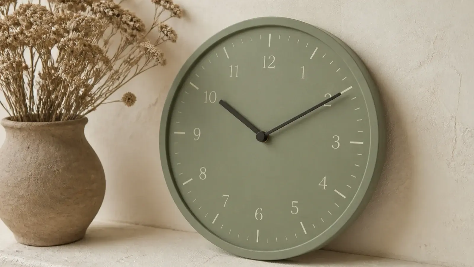 muted sage clock dial against warm cream plaster and dried stems