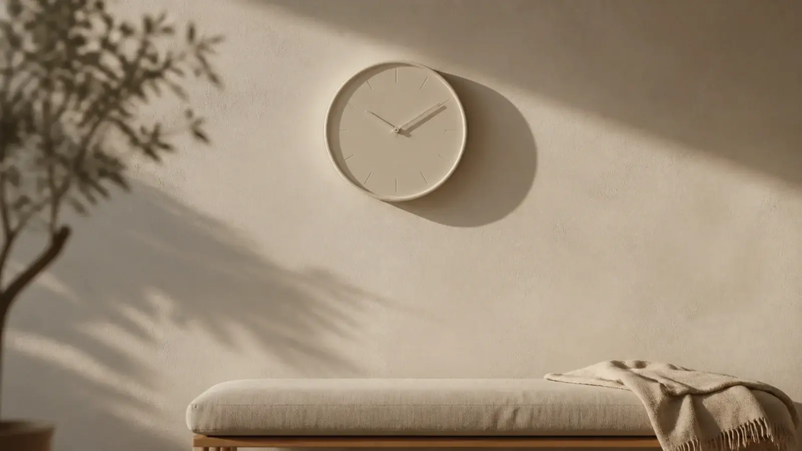 cream clock almost dissolving into a matching cream plaster wall