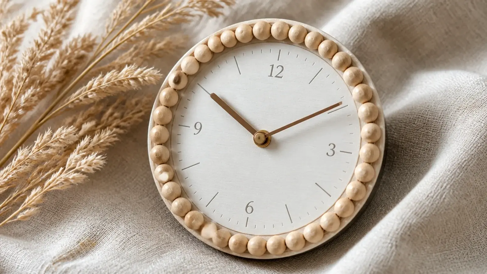 ring of wooden beads forming a textured rim around a pale dial