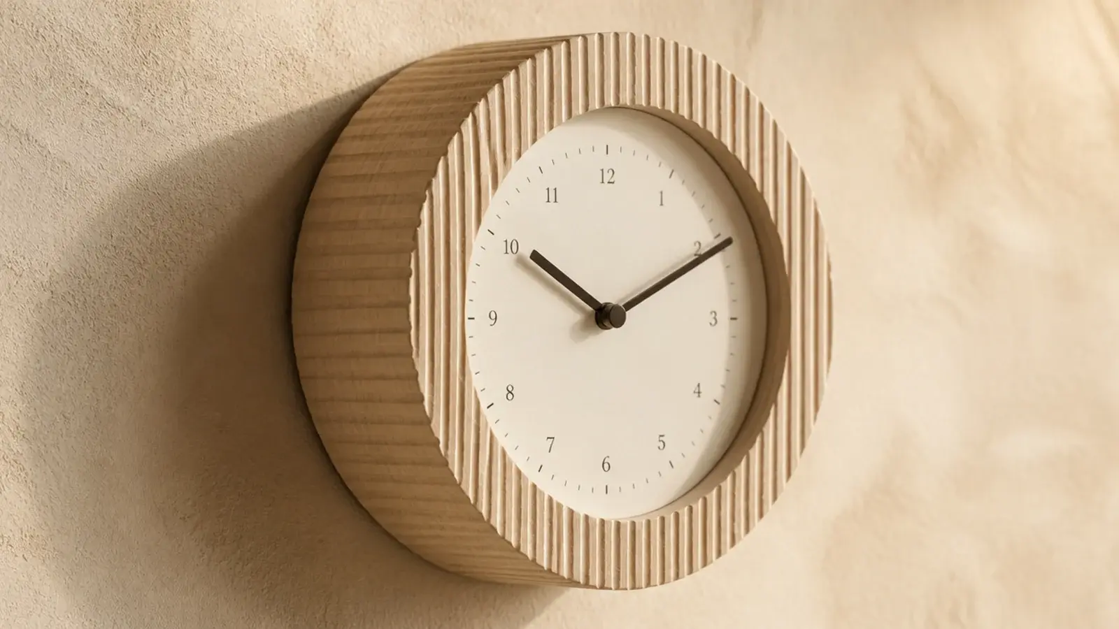 reeded timber clock case with fine vertical grooves catching light