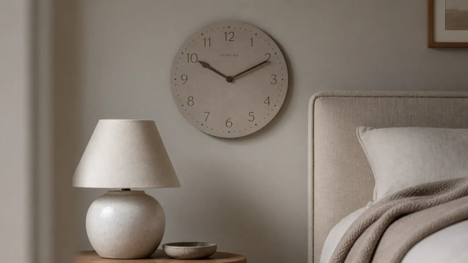 greige toned clock dial blending with soft neutral bedroom walls