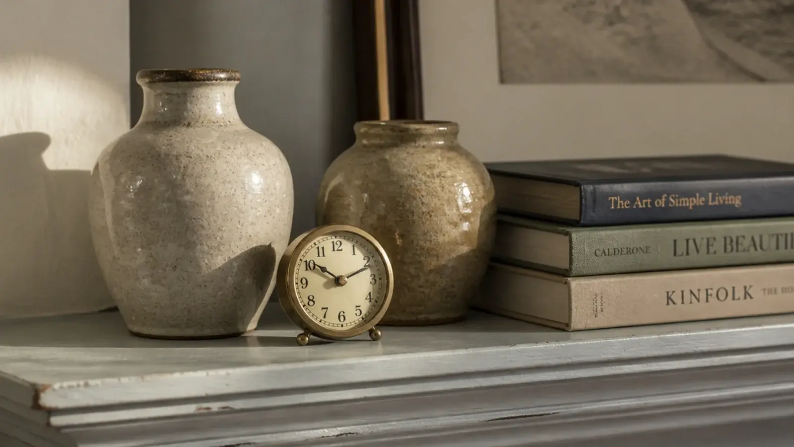 very small clock standing among ceramics on a styled shelf