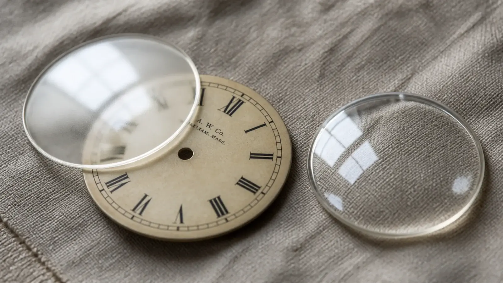 frosted clock lens softening the reflection of a bright window