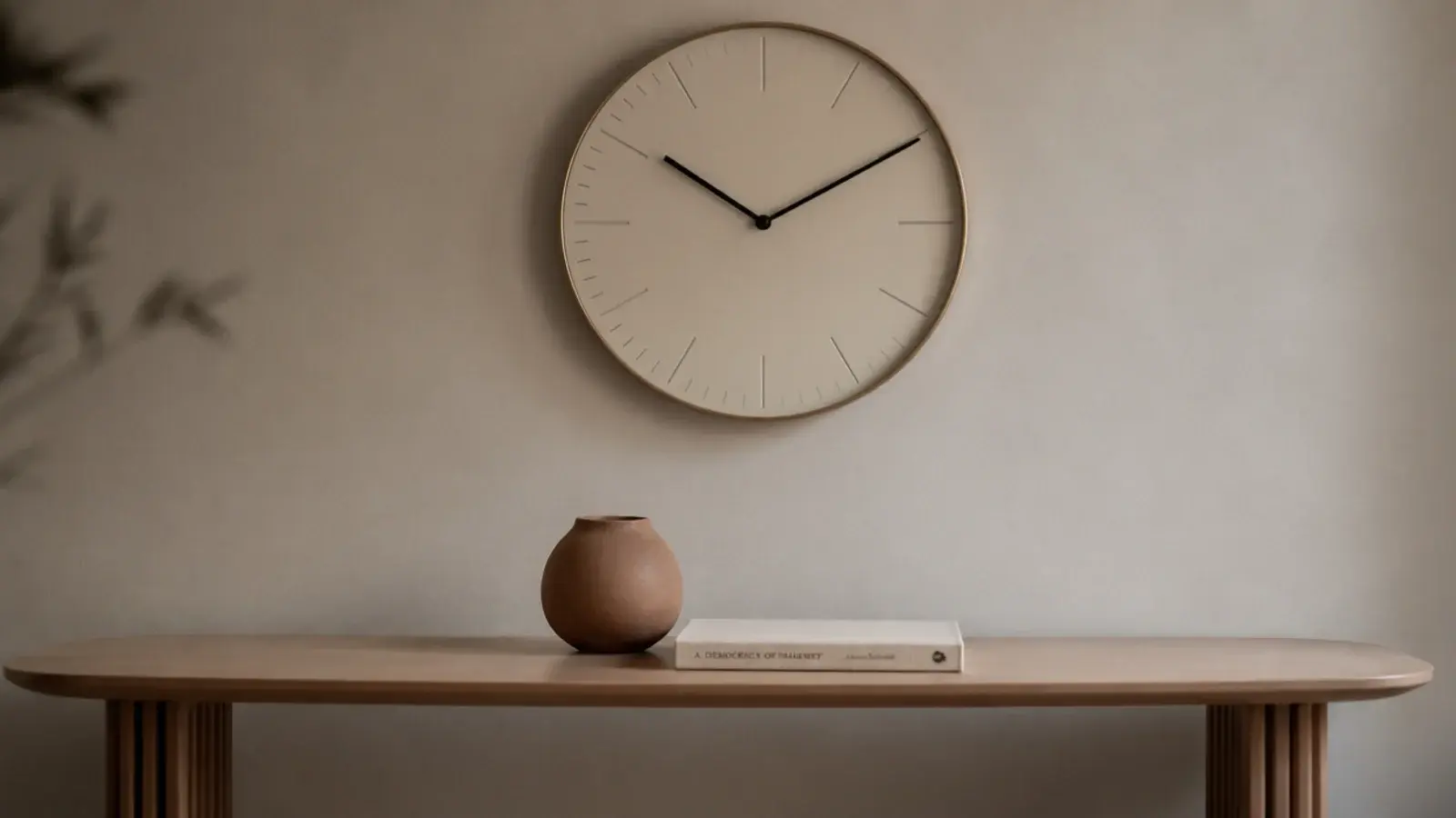 clock above a console holding only a vase and a small book