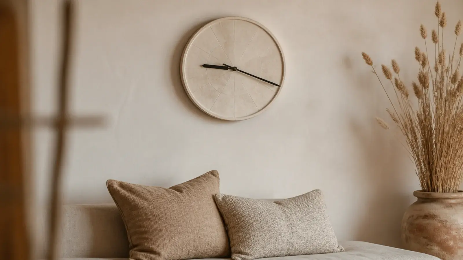 aesthetic wall clock in bone and pale birch above a linen daybed