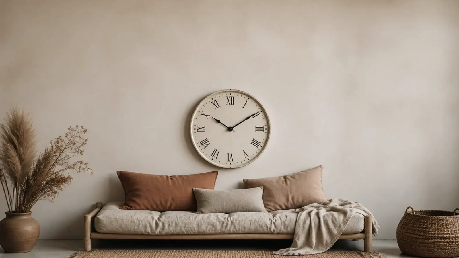 tall soft neutral room with an aesthetic clock above a daybed