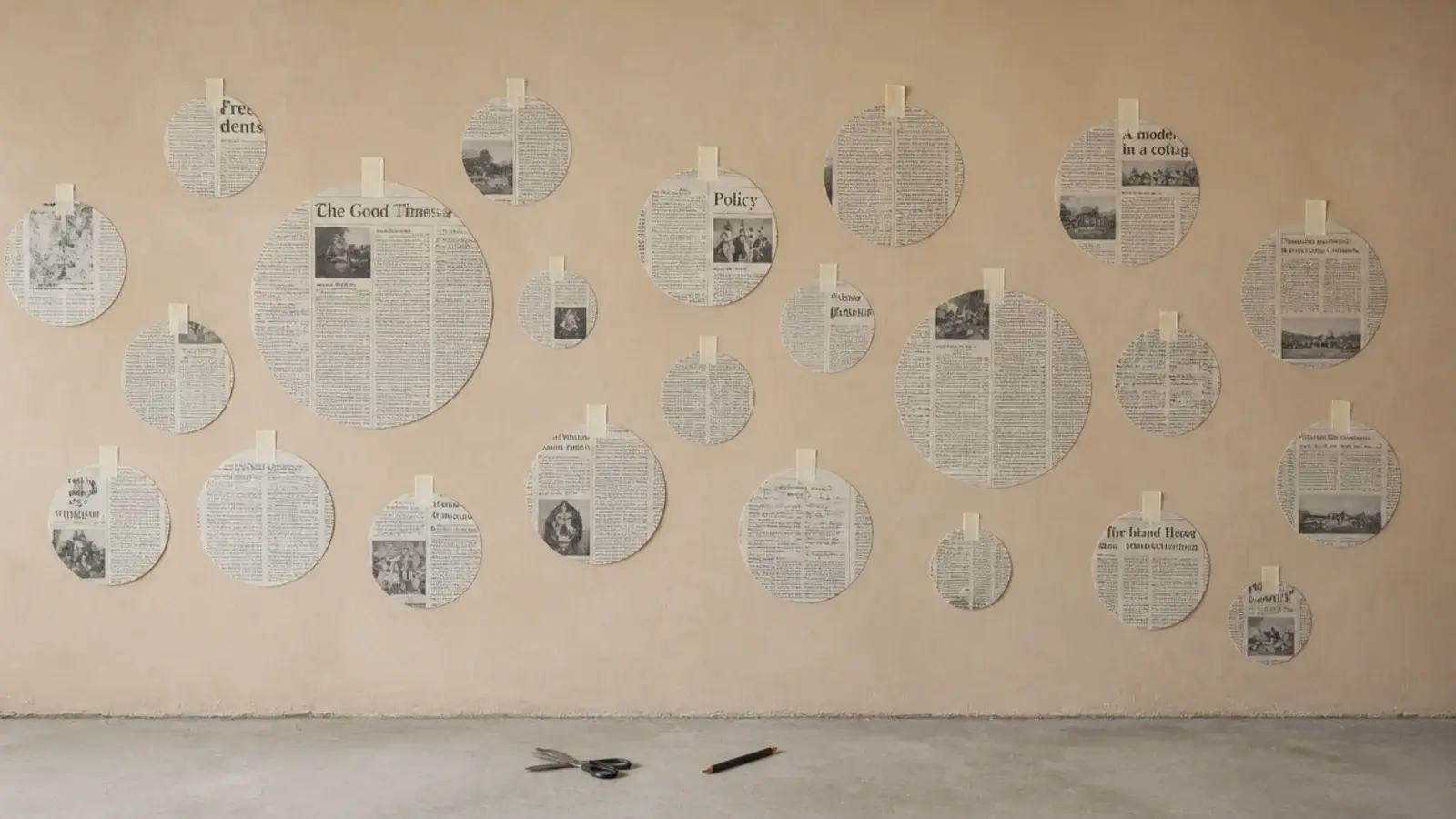 paper circle templates taped across a bare wall in a cluster