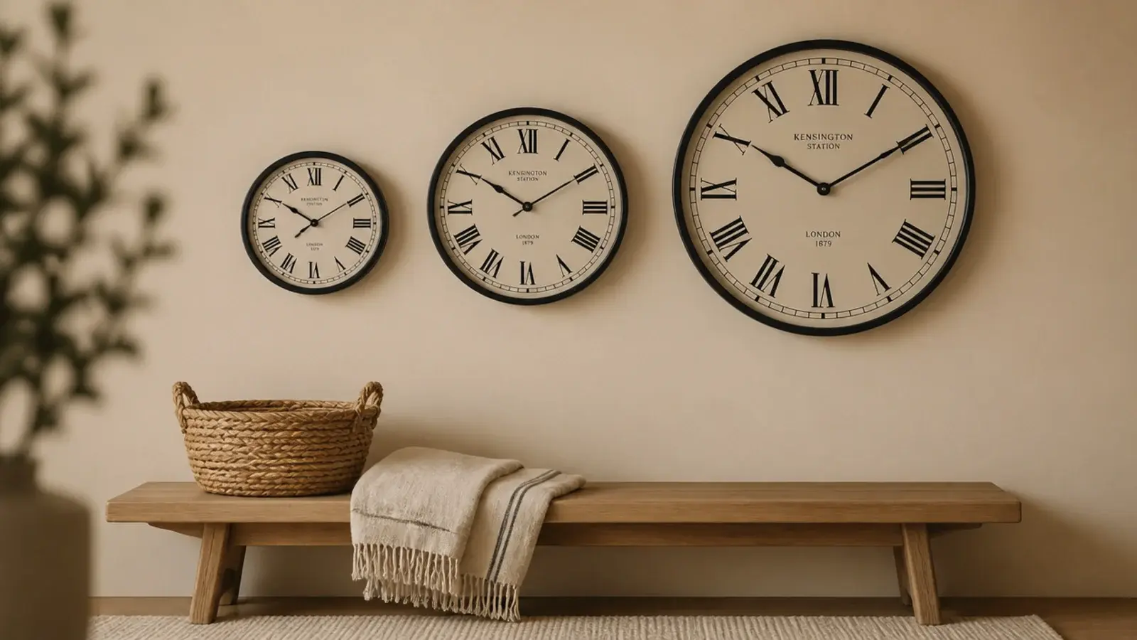 three clocks of graduating size arranged across a plaster wall