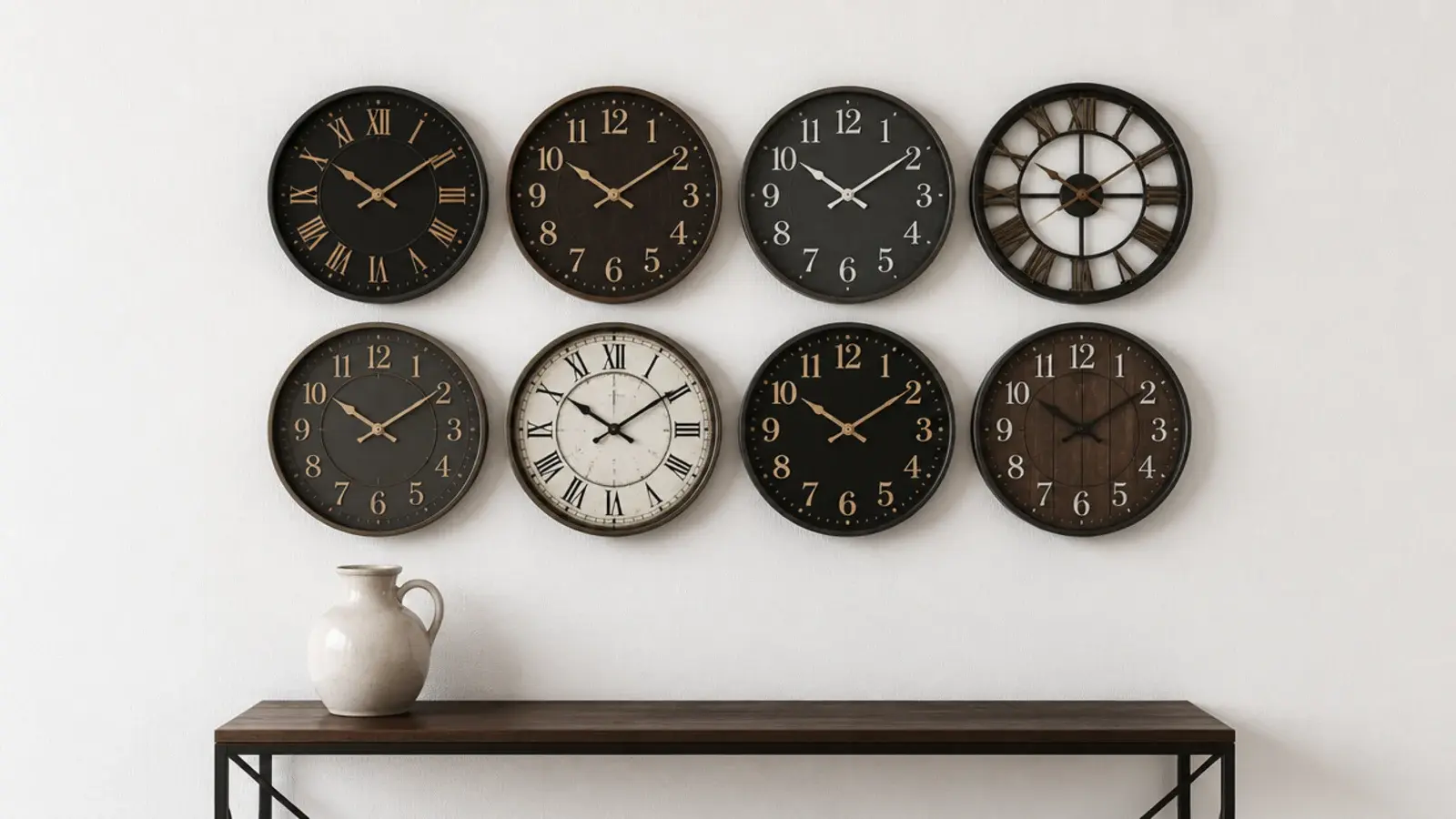 tight cluster of small clocks with narrow even gaps between them
