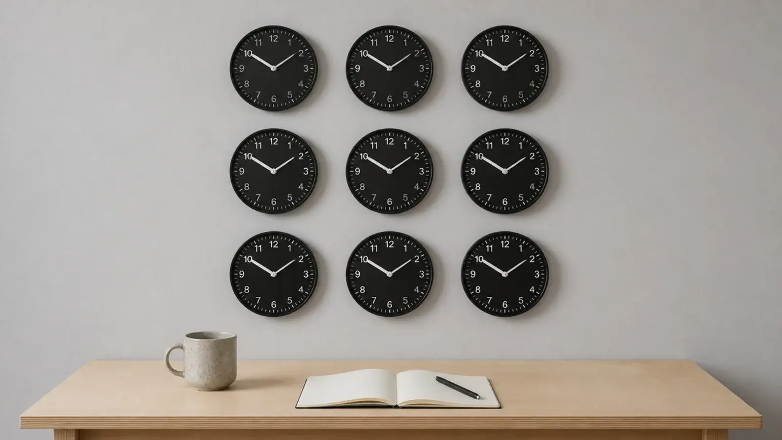 nine matching small clocks in a precise square grid formation