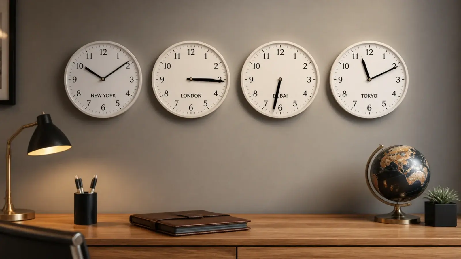 four matching clocks in a level row along a study wall