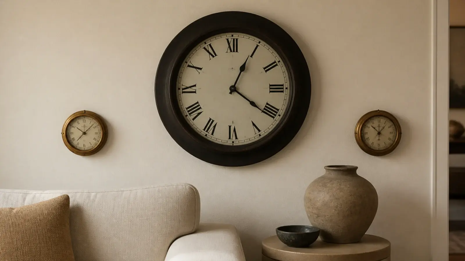 large clock flanked by two smaller faces at lower centre heights