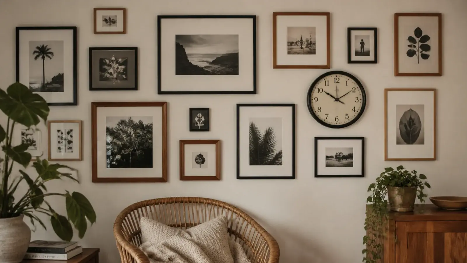 round clock set among framed prints in a salon style arrangement