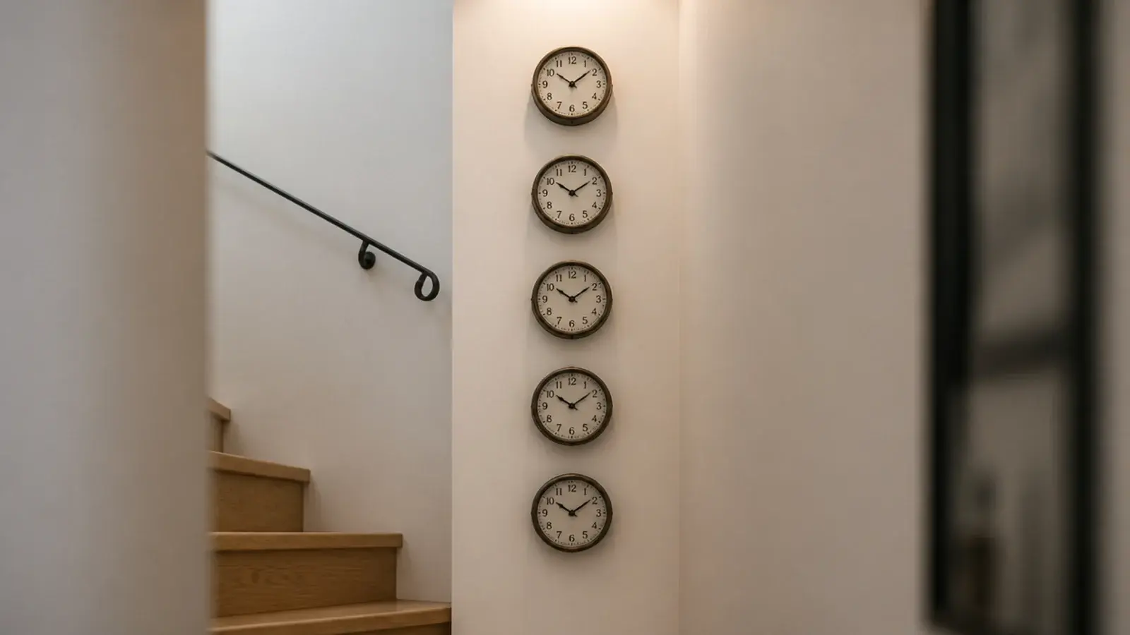 column of small clocks climbing a stairwell wall in line