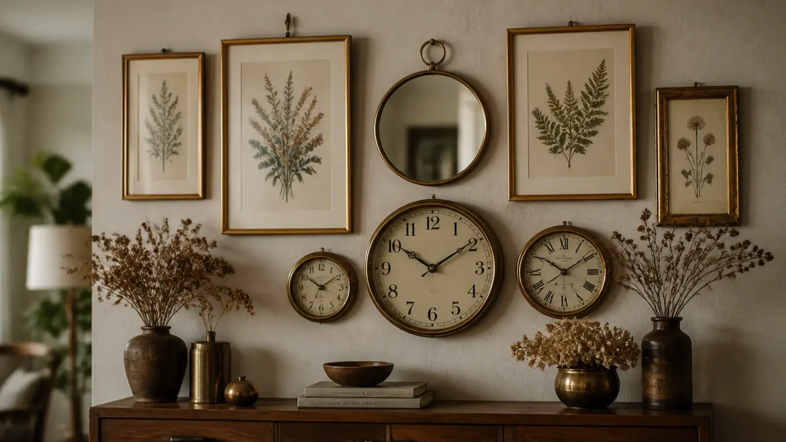 dense salon wall combining framed art with three clock faces