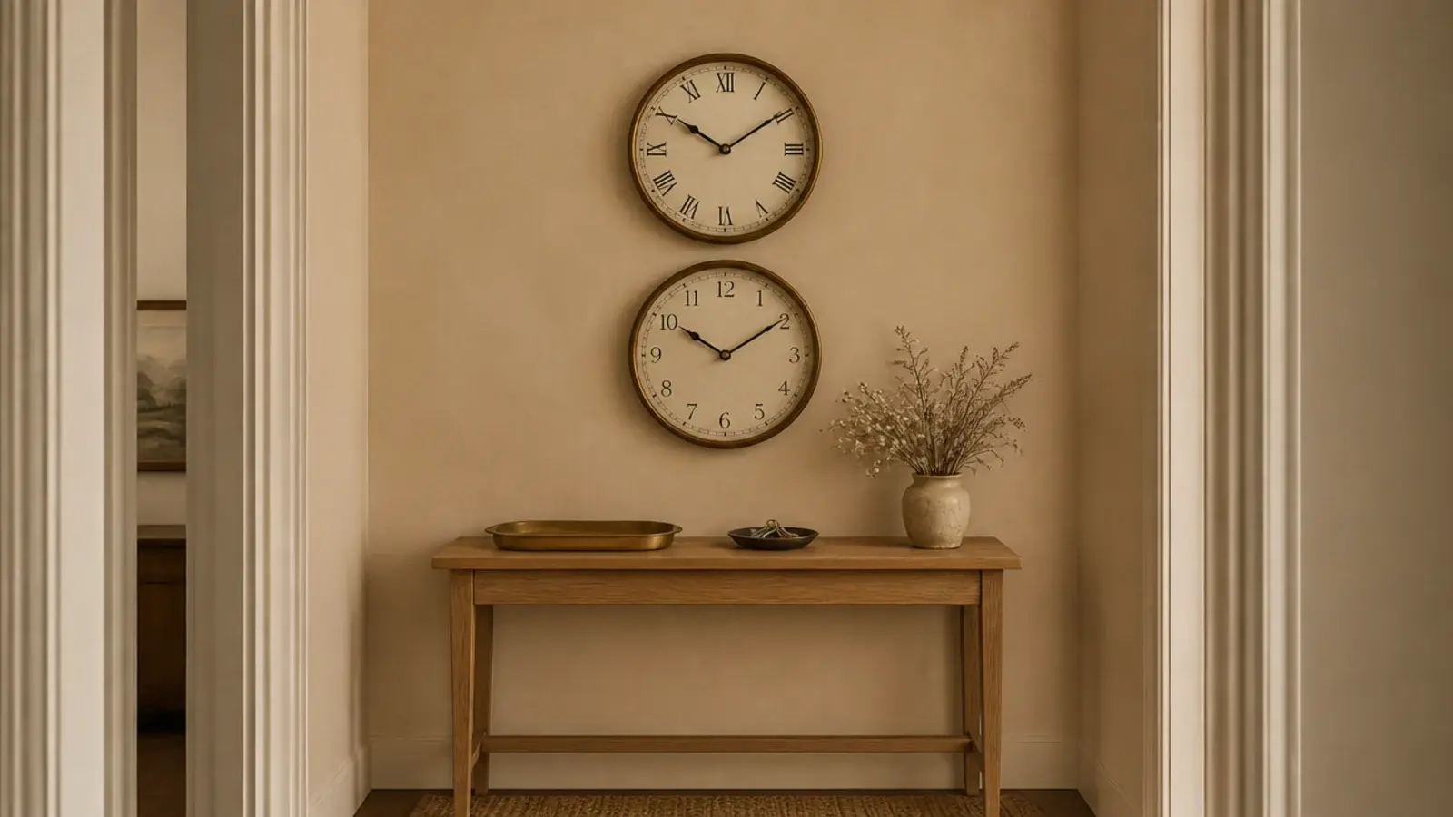 two clocks stacked vertically above a narrow hallway console