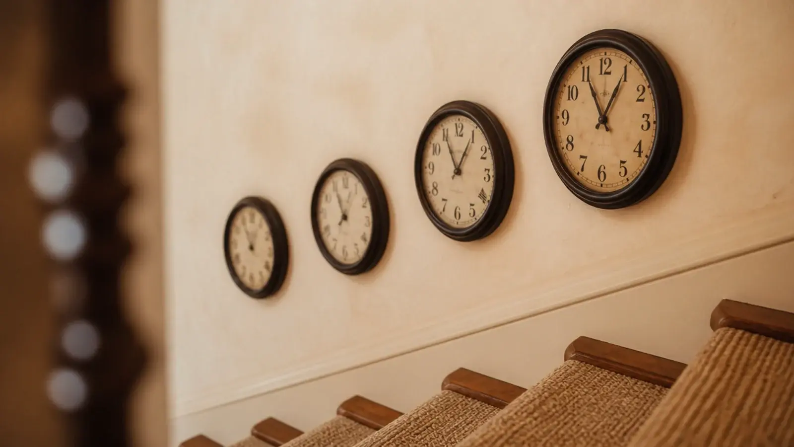 clocks stepping diagonally up a wall parallel to the stairs