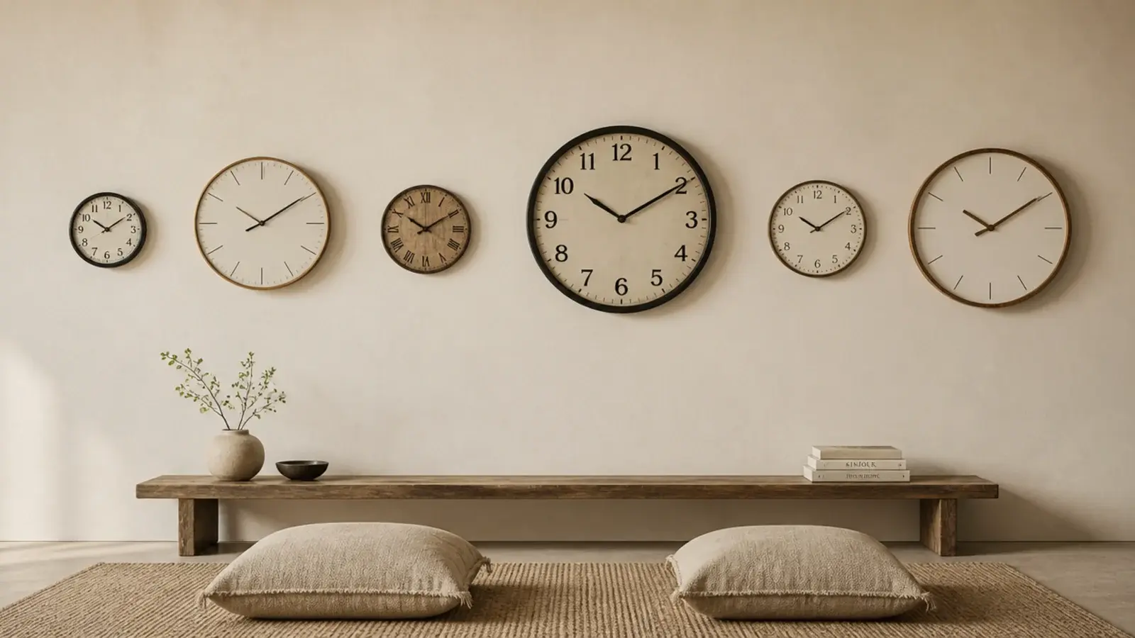 row of mixed clocks all sharing a single horizontal centre line