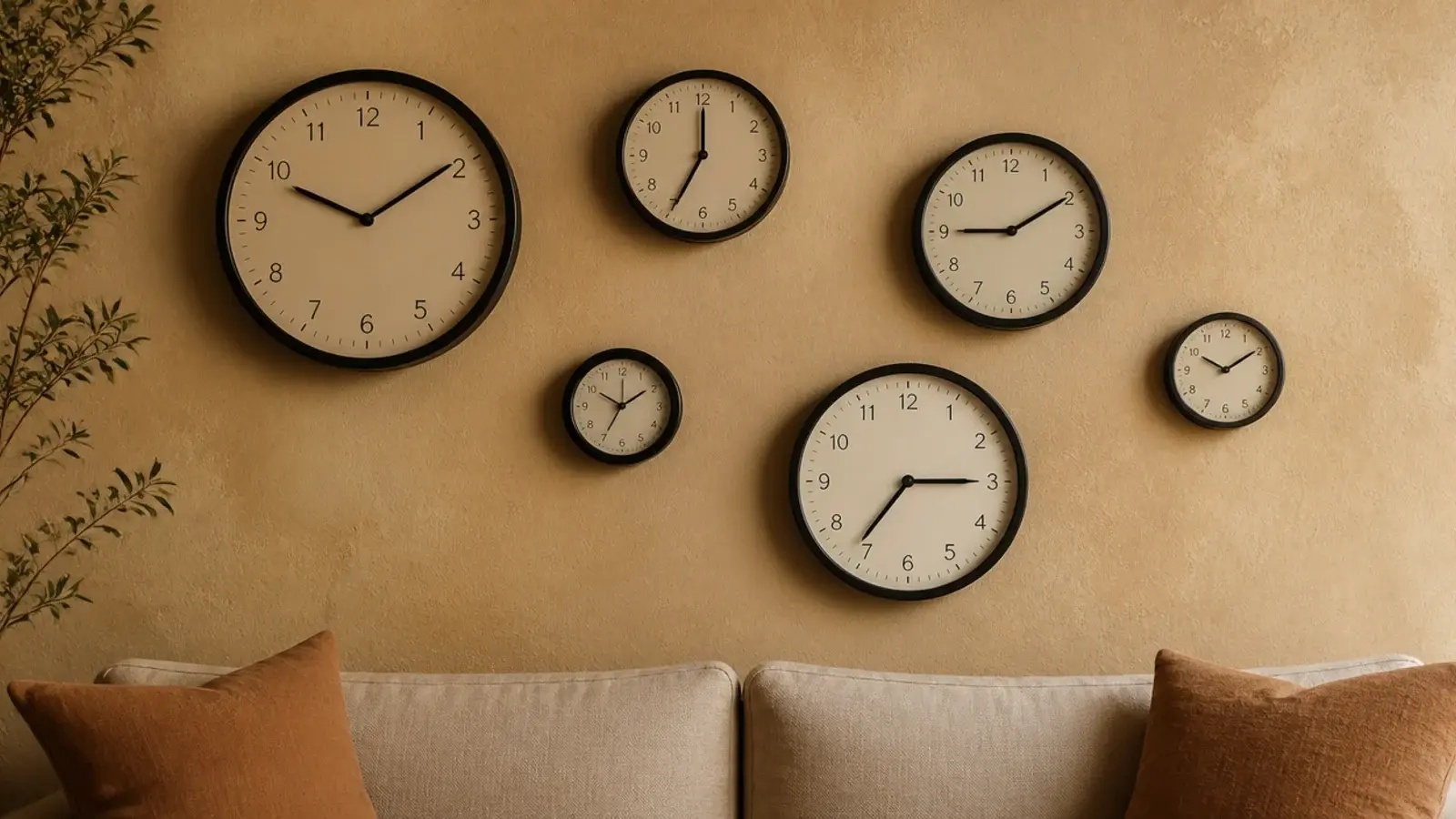 clocks of varying sizes unified by matching black metal rims