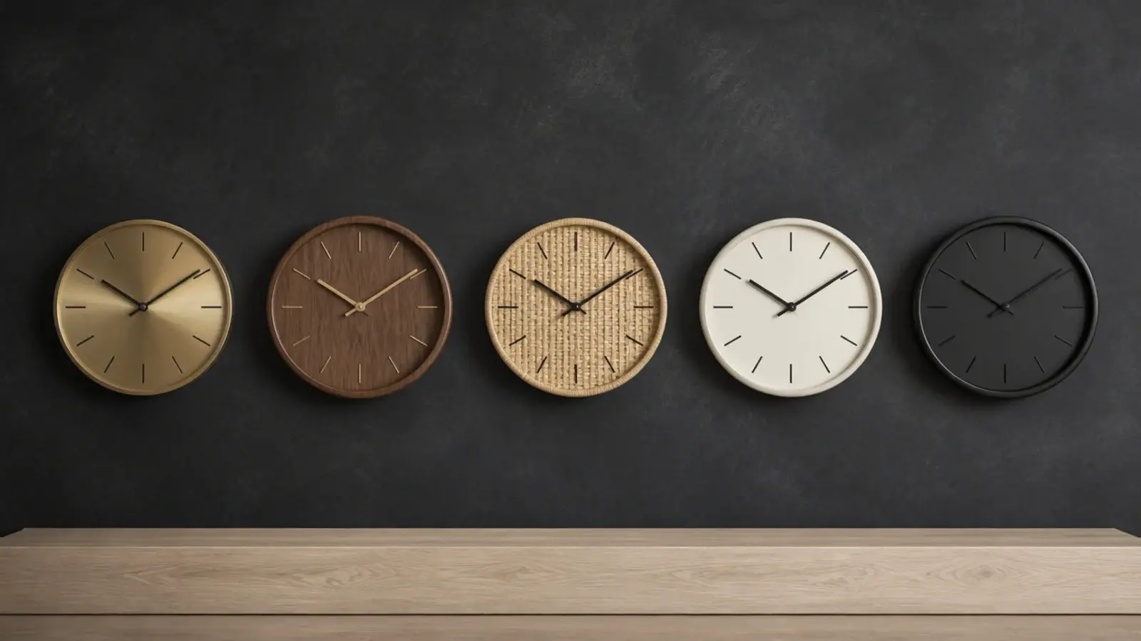 row of same size clocks in brass timber and painted finishes