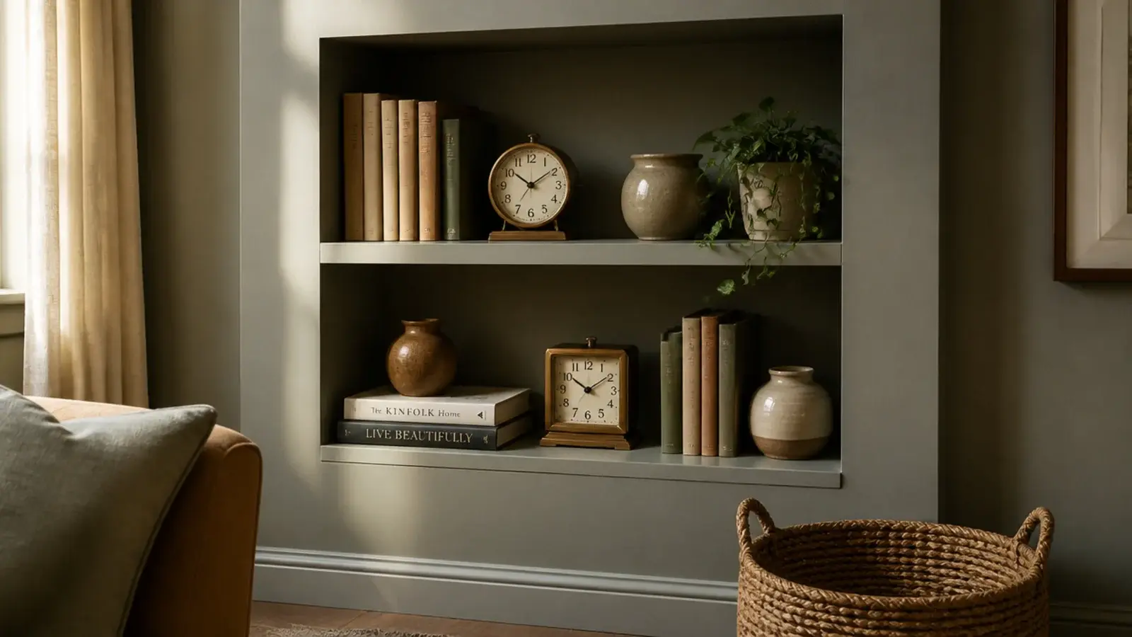 small clocks arranged inside a painted built in shelf niche