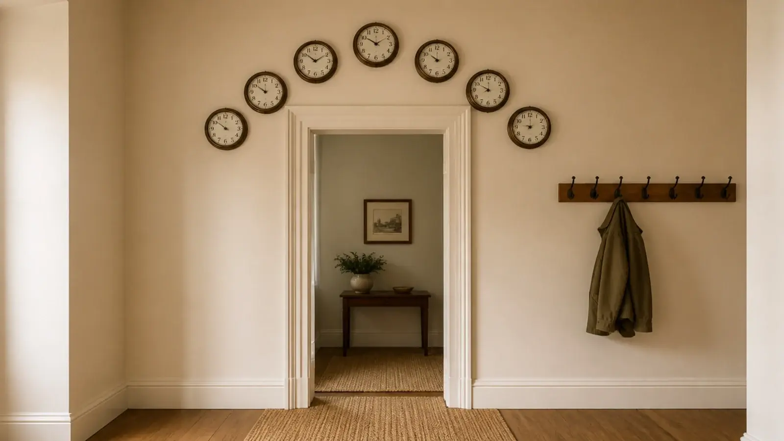 clocks curving in an arch over an internal doorway frame