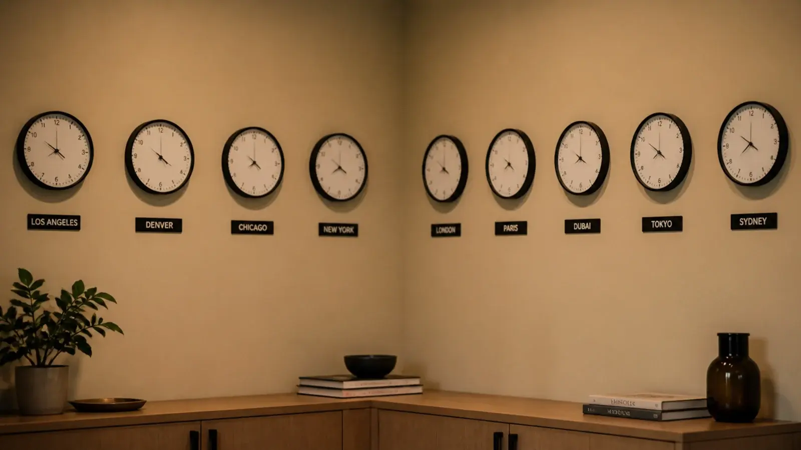 clock grouping continuing around an internal corner onto two walls