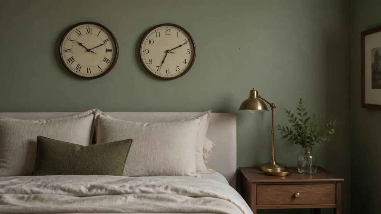 pair of clocks hung on studs above a linen dressed bed