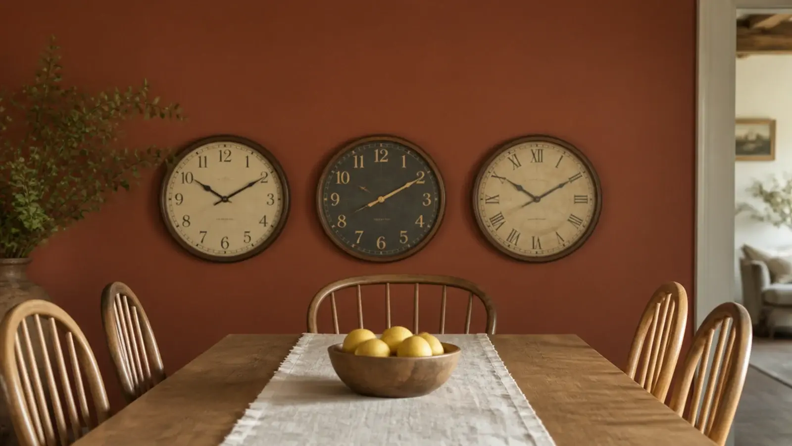 clock group hung low behind a dining table and timber chairs