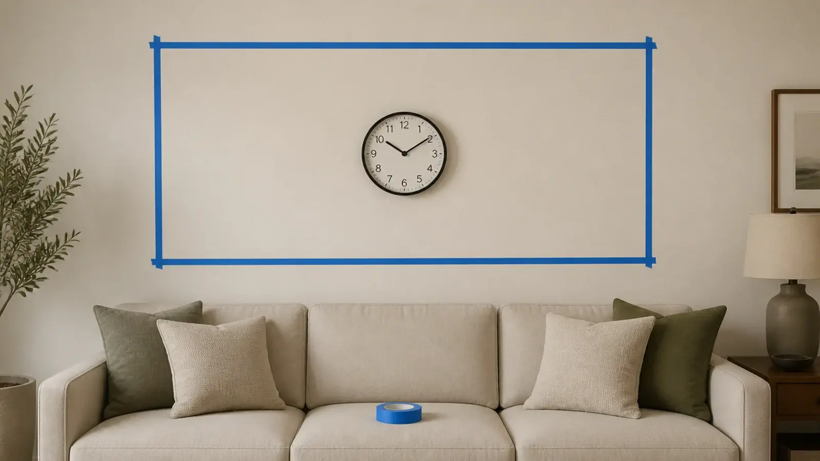 painter tape rectangle marking the outer edge of a clock group