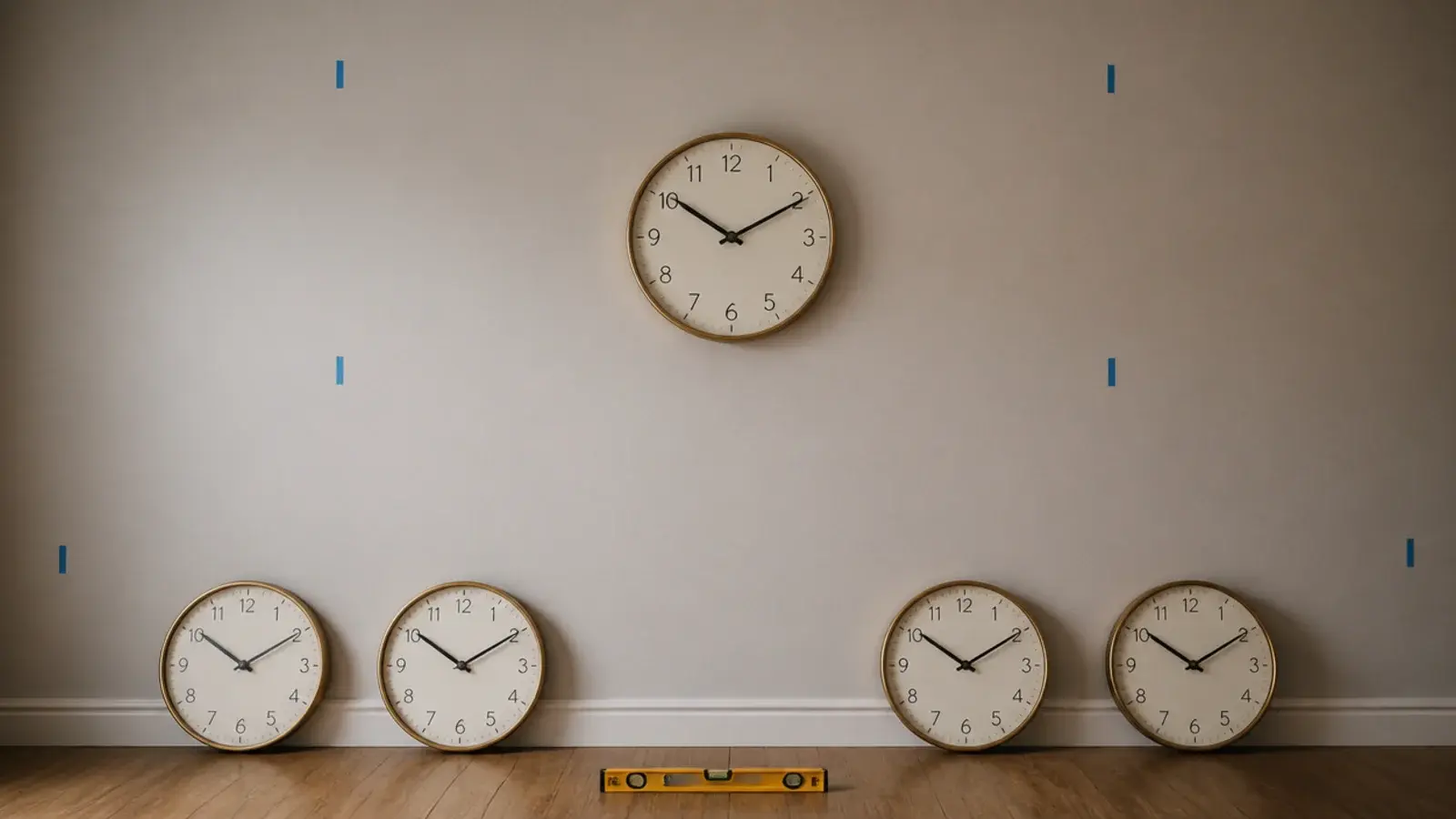 central clock hung first with others waiting on the floor below