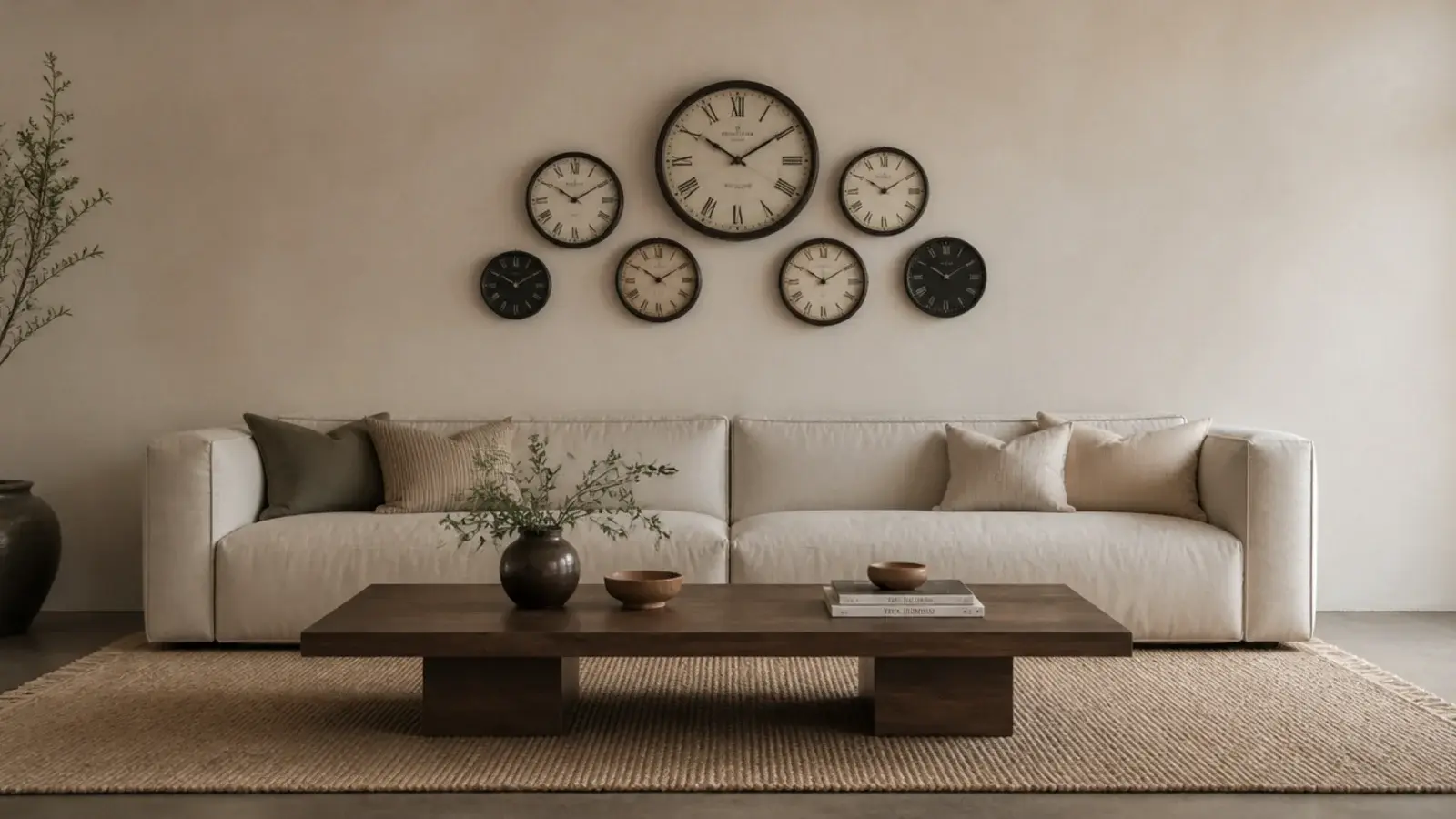 clock grouping ending well inside the ends of a long sofa