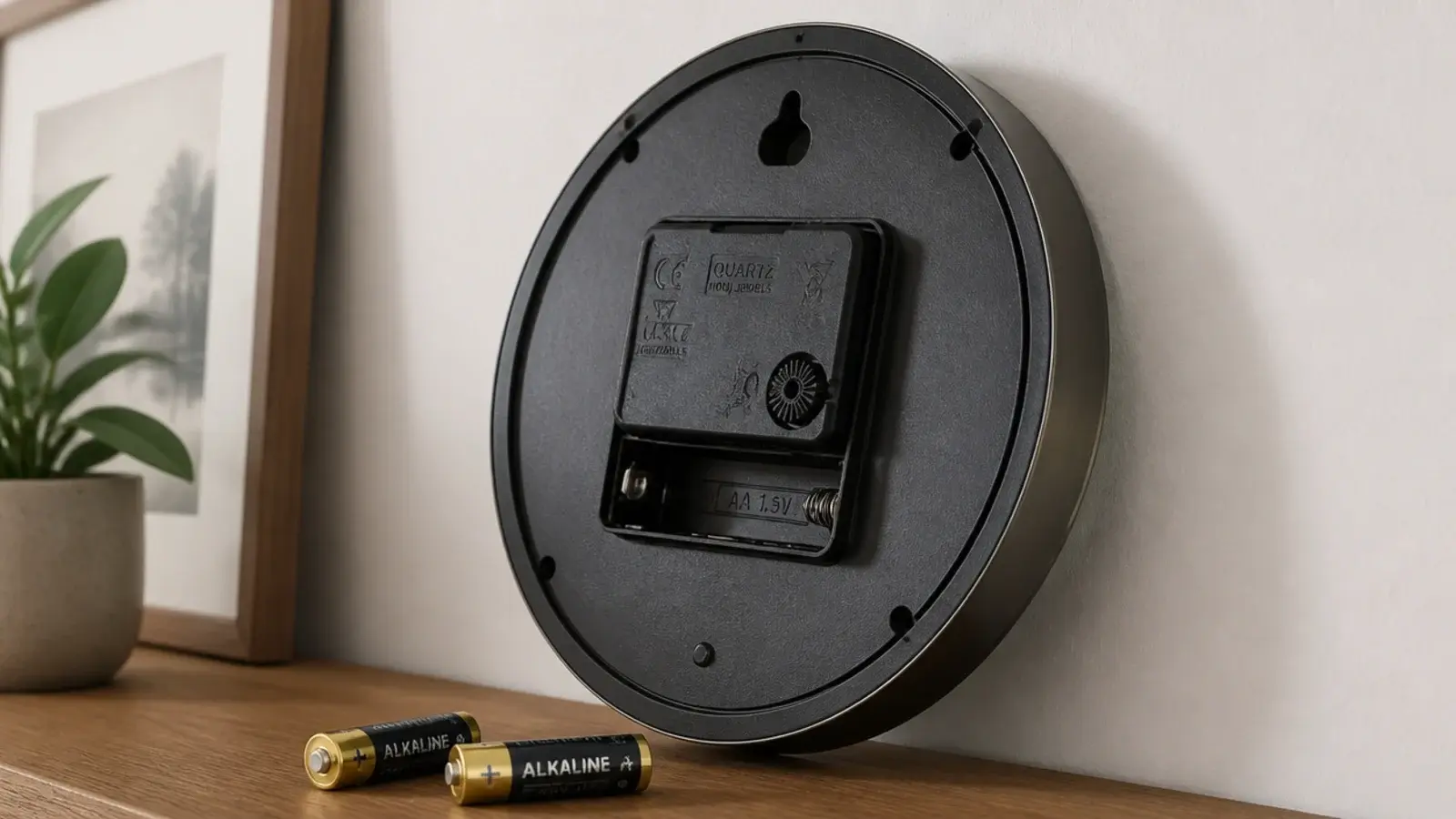 hand width gap behind a clock rim showing the battery housing