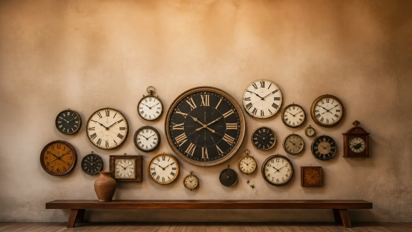 tall arrangement of many clocks covering a warm plaster feature wall