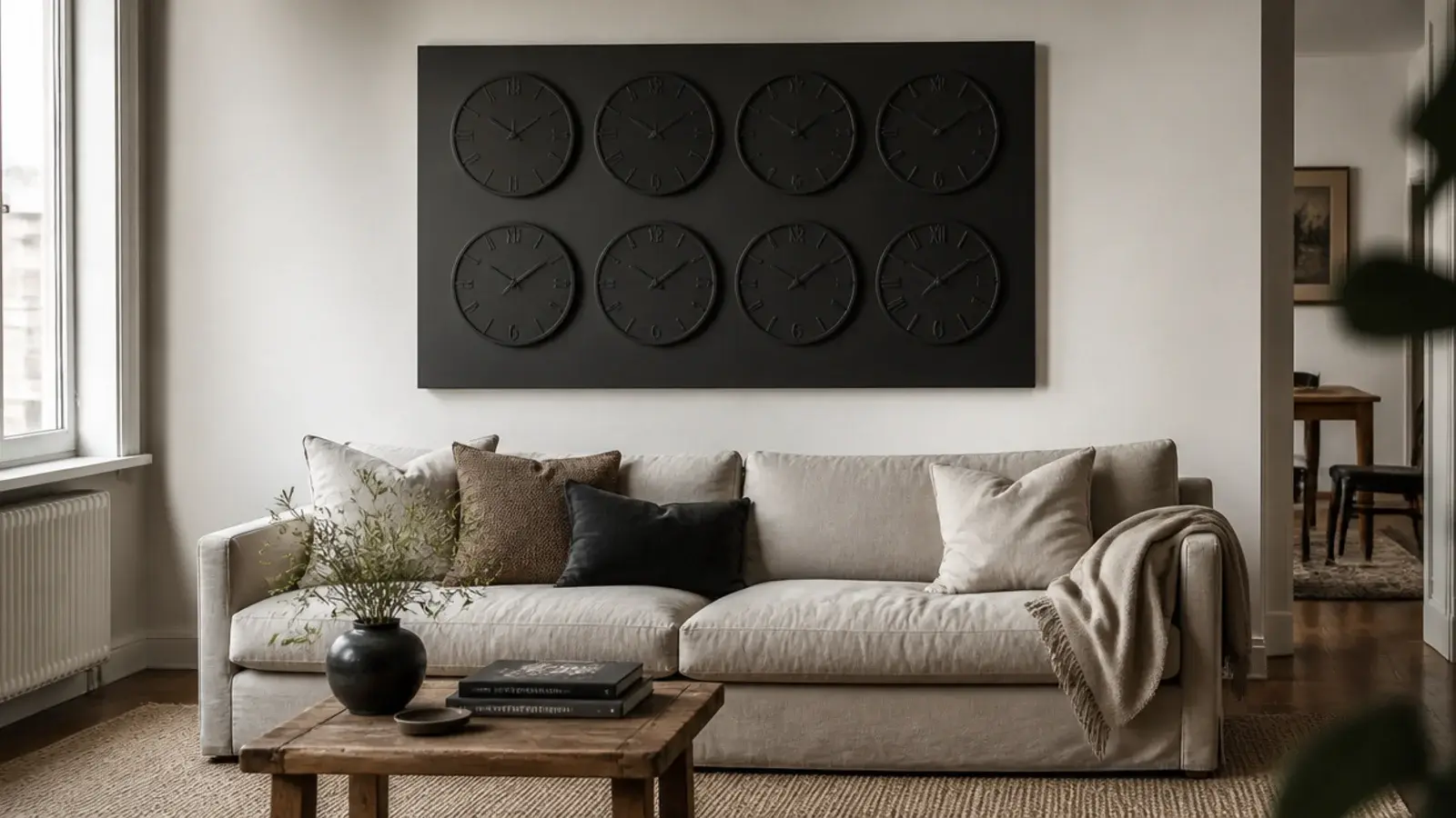 creative clock wall of thrifted faces on a rented living room wall