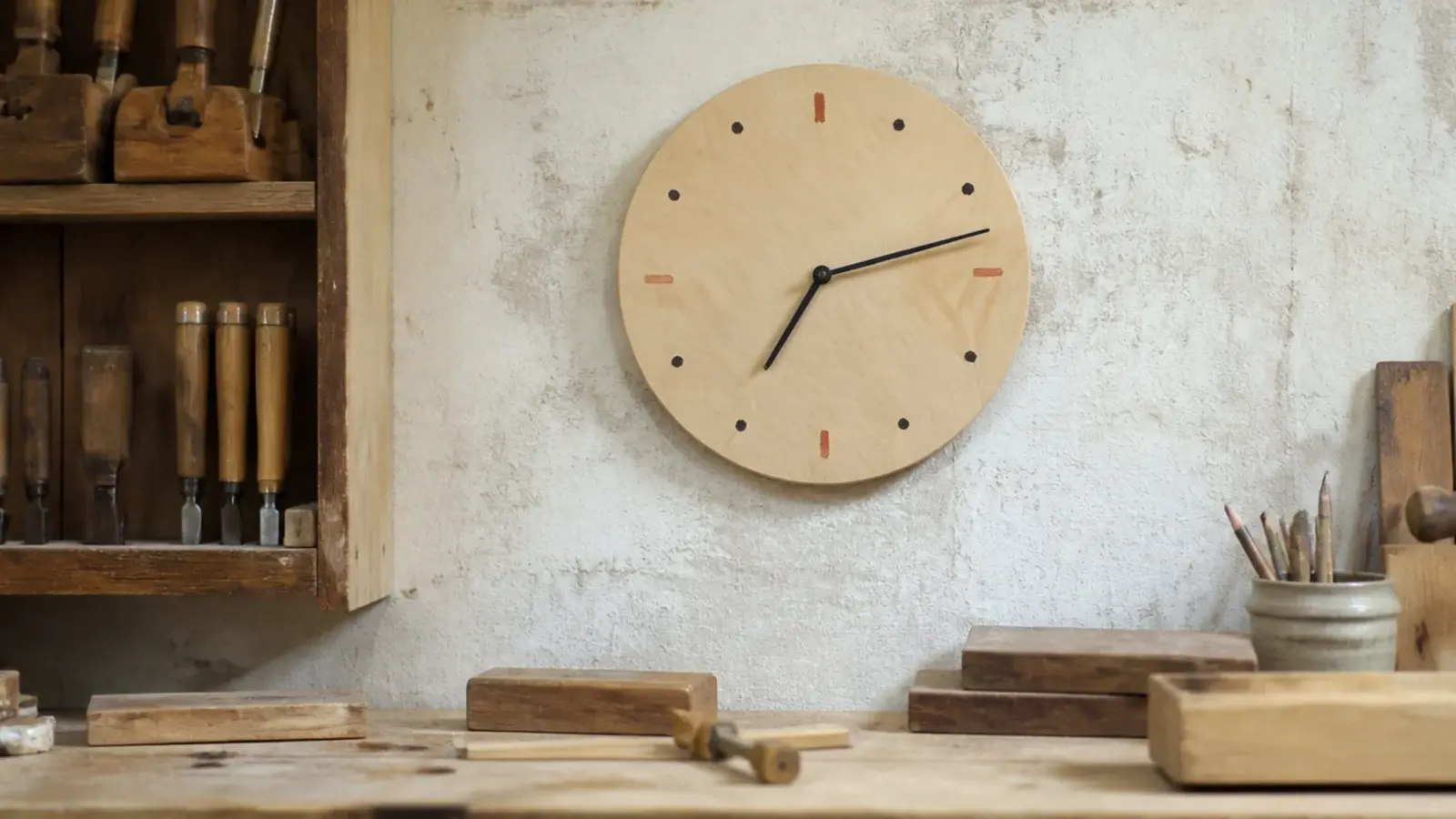 handmade plywood wall clock with painted markers on a workbench wall