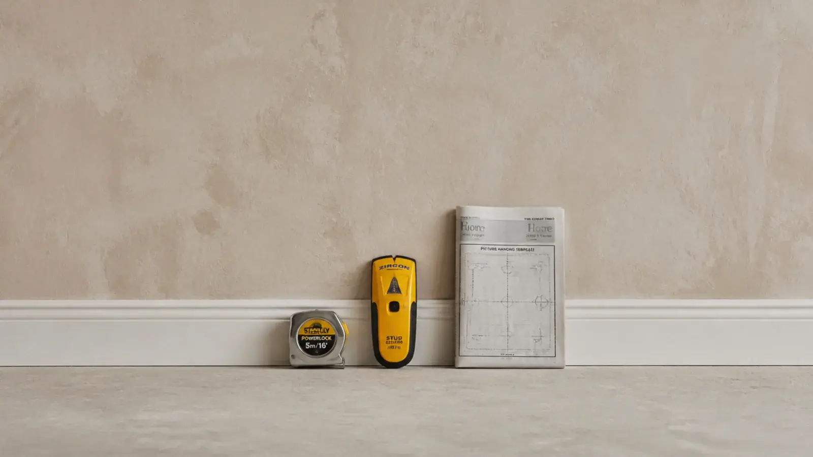 tape measure and stud finder resting on a wide empty wall base