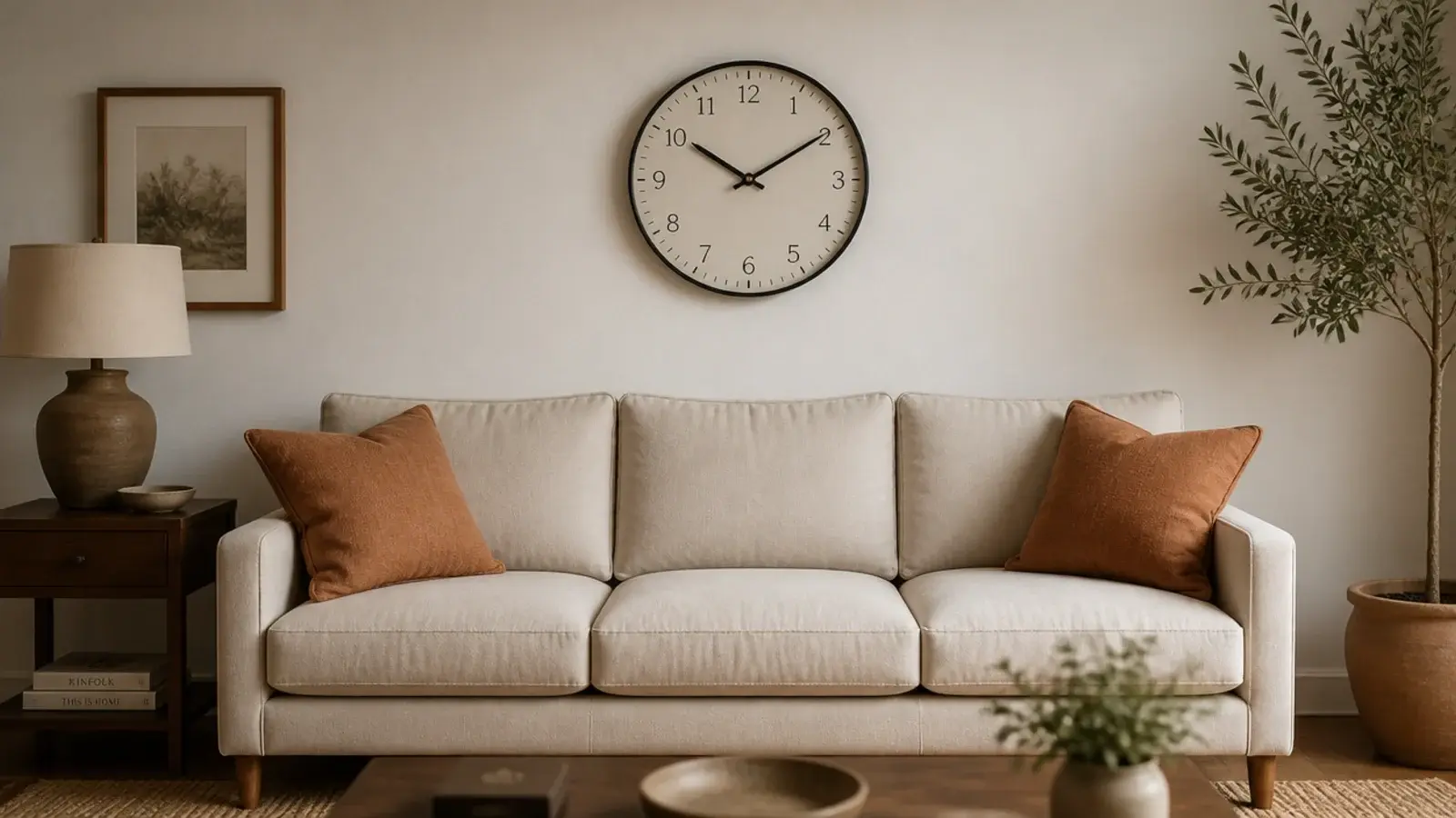 twenty four inch metal rimmed clock above a three seat sofa