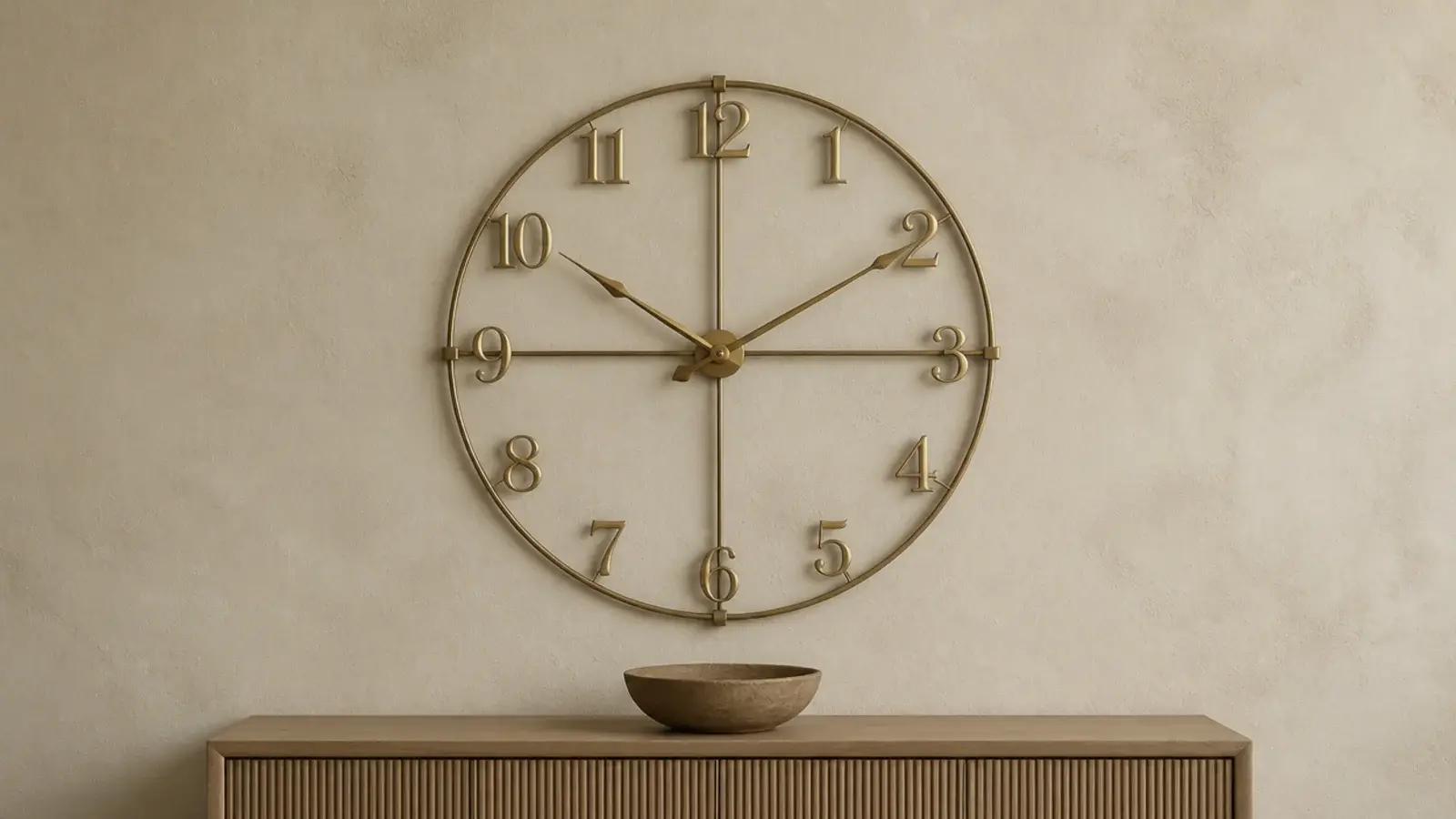 open frame skeleton clock showing textured plaster between numerals